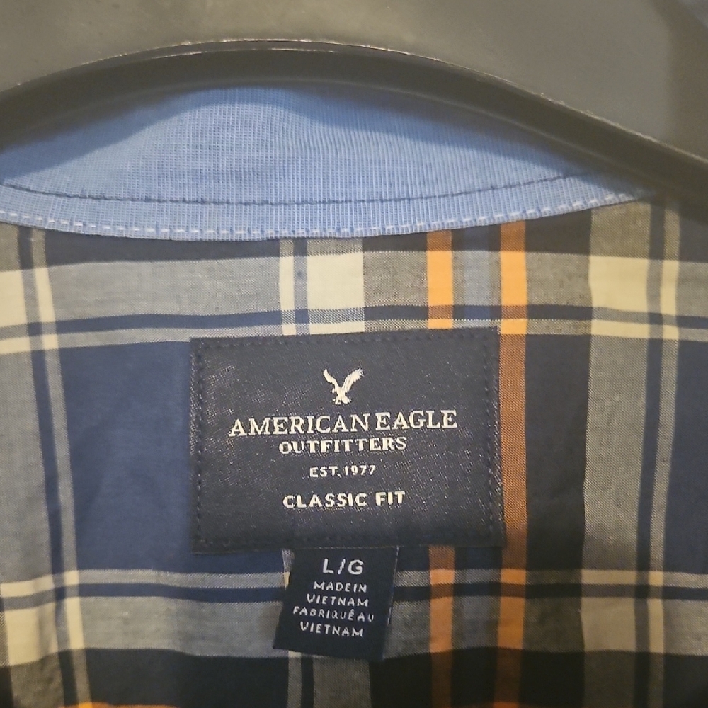 American Eagle Outfitters Blue and Orange Plaid Casual Shirt
